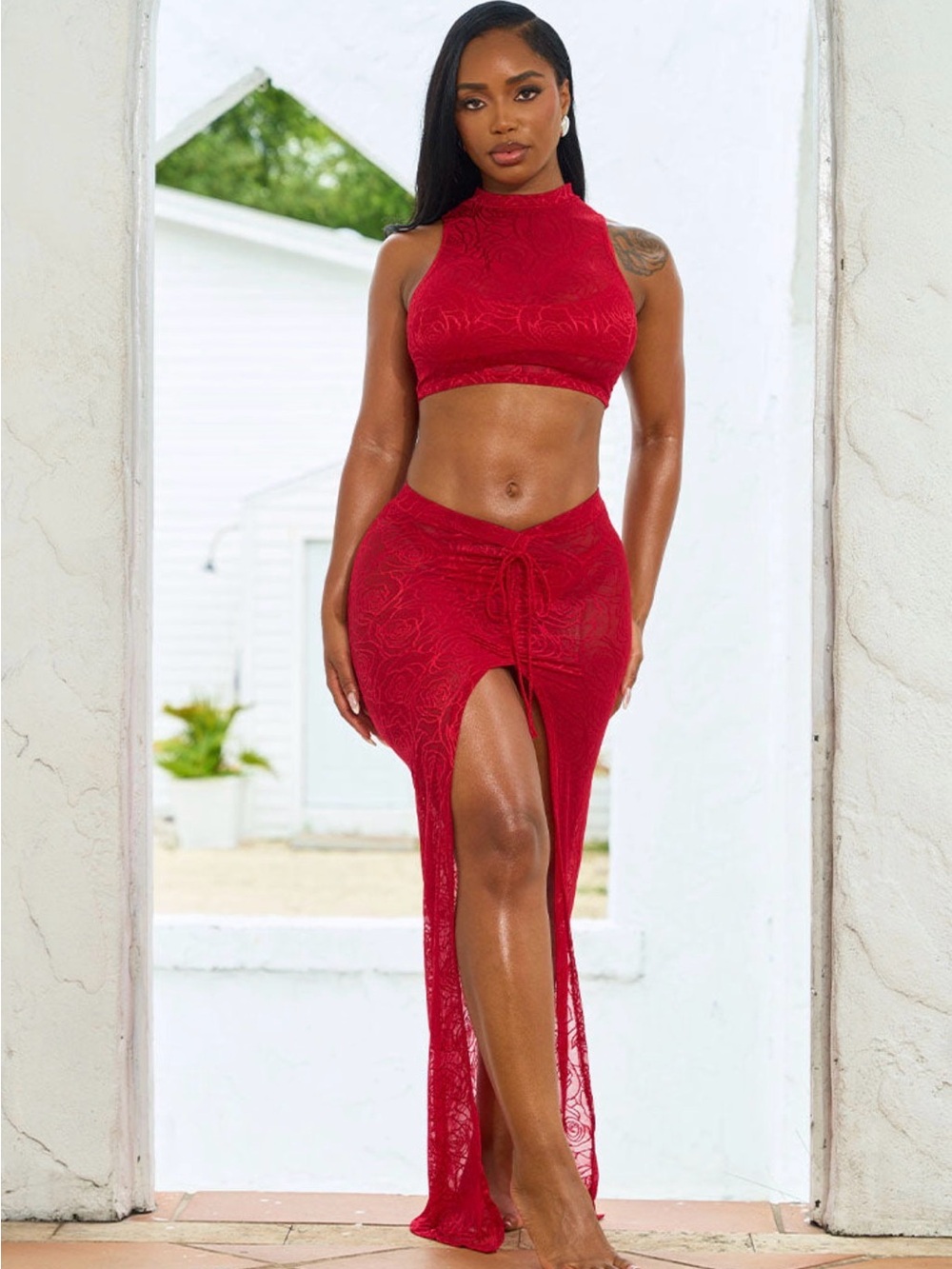 Sleek Red Lace Maxi Skirt with High Front Slit